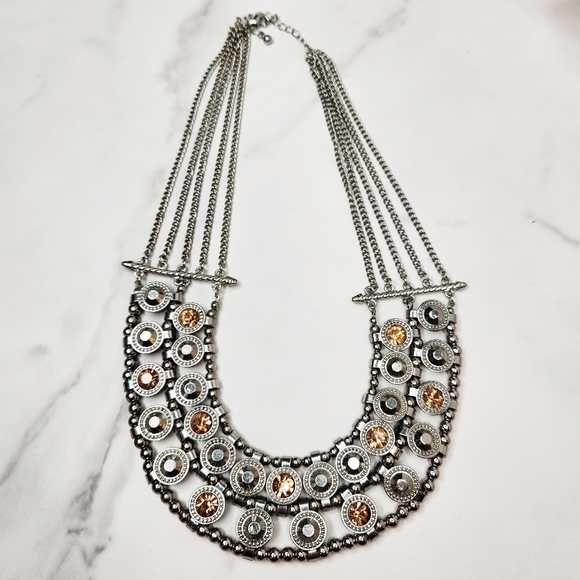 Silver Tone Metal Multi Chain Glass Gem Adjustable Collar Necklace Brutalist - Picture 1 of 6